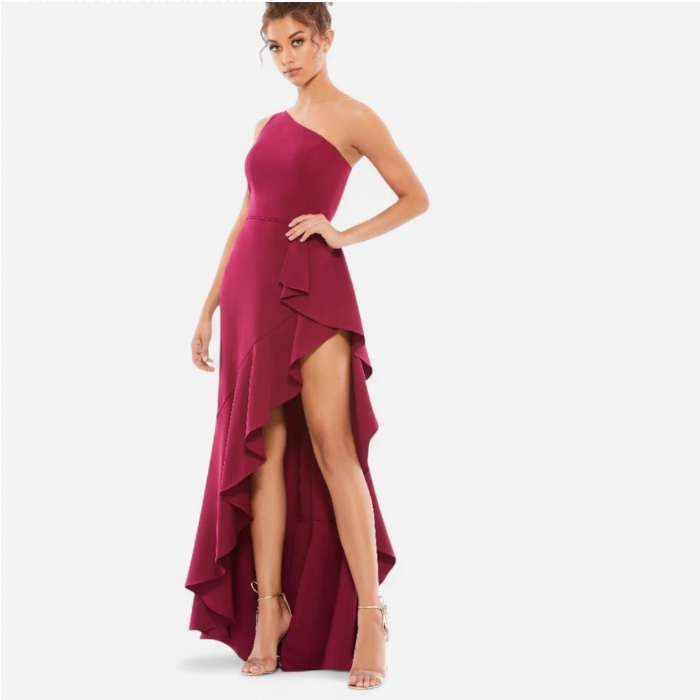 Mac Duggal One Shoulder High Slit Ruffle Gown in Berry Homecoming Prom wedding